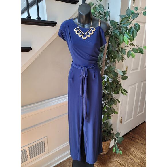 R and M Richards Jumpsuit Women Size 6 Blue One Shoulder Tie Waist Wide Leg - Picture 1 of 16